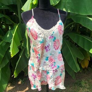 Vintage 2 Piece Silk Tan Pink & Teal Floral Cami & Shorts Sleepwear Set Size M